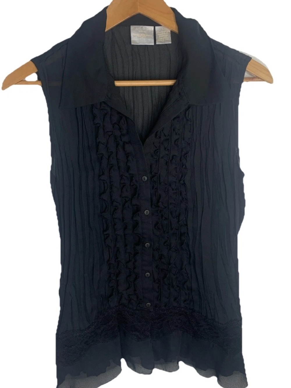 Tailor B Moss Y2K Black Sleeveless Sheer Ruffle/ Lace Top Size L Whimsigoth Sexy